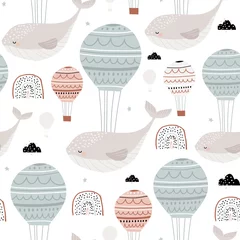 Tapeten Nahtloses kindisches Muster mit Heißluftballons der schlafenden Wale. Kreative Kinder handgezeichnete Textur für Stoff, Verpackung, Textilien, Tapeten, Bekleidung. Vektor-Illustration © solodkayamari