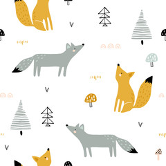 Nahtloses Waldmuster mit Füchsen, Bäumen, Pilzen. Kreative minimalistische Kinder für Stoff, Verpackung, Textilien, Tapeten, Kleidung. Vektor-Illustration