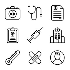 Medic icon set include aid, first, kit, health, doctor, medic, medical, stethoscope, prescription, healthy, syringe, hospital, building, thermometer, plaster, nurse, user