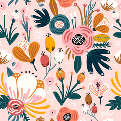 Seamless pattern with flowers, berries and leaves. Creative floral texture. Great for fabric, textile Vector Illustration