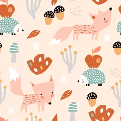 Foto op Plexiglas Vos Naadloos herfstpatroon met vos, paddestoelen en egel. Creatieve herfsttextuur voor stof, verpakking, textiel, behang, kleding. vector illustratie