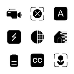 Photo editor icon set include camera, device, video, record, focus, none, auto, optional, flash, option, shade, shadow, contras, photo filter, battery, charge, power