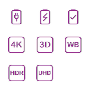 Photo editor icon set include battery, charge, device, plug, charging, energy, electricity, camera, setting, 4k, optional, picture, image, balance, device camera, dynamic, range