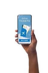 Smartphone with airline tickets application in african american female's hands
