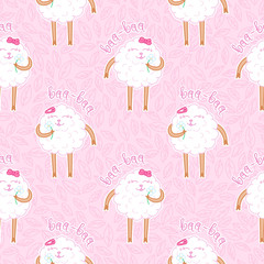 cute doodle girl sheeps seamless pattern, cartoon drawn animals, lovely pink background, for kids apparel, fabric,textile, paper, editable vector illustration