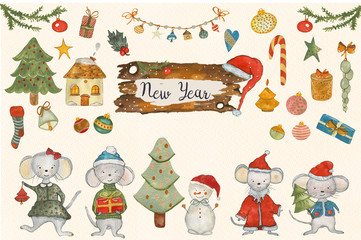 A large watercolor set with Christmas and New Year items is hand-painted with watercolor paints and is perfect for all types of design and printing.