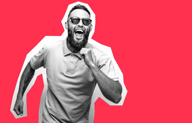 Crazy hipster guy emotions. Collage in magazine style with happy emotions. Discount, sale, season sales. Winner