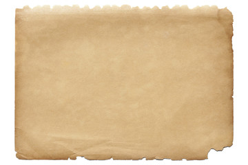 Isolated old brown worn out ripped yellow background paper texture with stain 