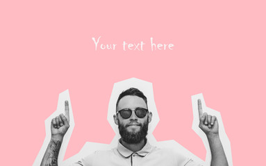 Hipster man pointing with fingers at your text. Crazy hipster guy emotions. Discount, sale, season...