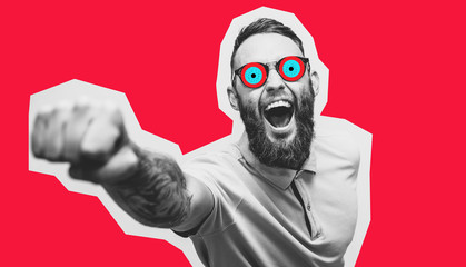 Crazy hipster guy emotions. Collage in magazine style with happy emotions. Discount, sale, season...