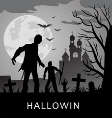 Halloween background with zombies, tombstones and the moon on the cemetery