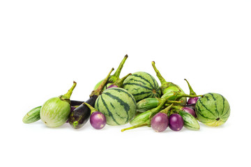 Closeup image of fresh thailand eggplants group isolated at white background.
