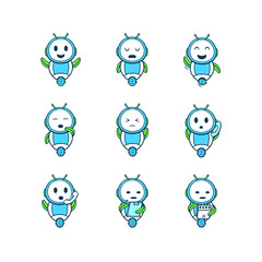 Playful robot character illustrating nine states or emotions
