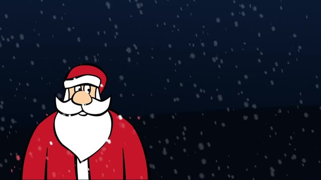 Animated Sant Claus congratulates on holidays on a dark background. Snow falls