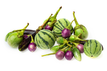 Closeup image of fresh thailand eggplants group isolated at white background.