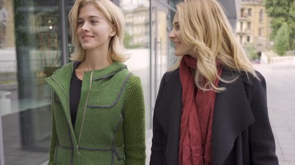 Two adorable young girlfriends outdoors. Four fashion women with shopping bags walking in the city. Leisure together. Girls enjoying their purchases.