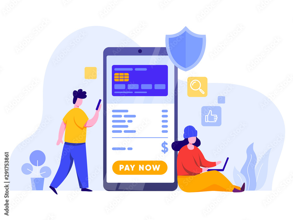 Poster online payment with mobile phone and credit card illustration concept. modern design concept of web 