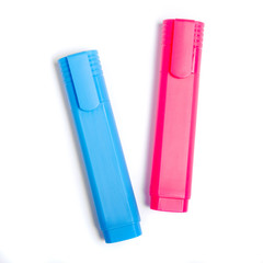 felt-tip pens blue and pink on white background isolation, top view