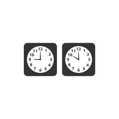 Alarm analog clock black square vector icon set. Clock with nine and ten o clock.
