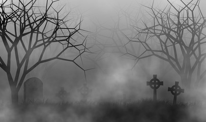 Haunted cemetery in creepy forest