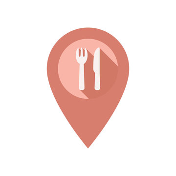 Location pin pointer with knife and fork vector icon. Location marker for restaurant with long shadow effect.