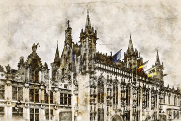 Fototapeta na wymiar Digital artistic Sketch of a Scene in Bruges