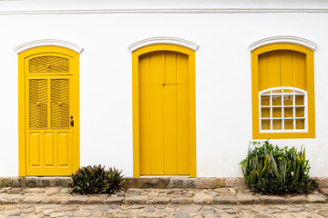 Doors and Windows at the center in Paraty, Rio de Janeiro, Brazil. Paraty is a preserved Portuguese...