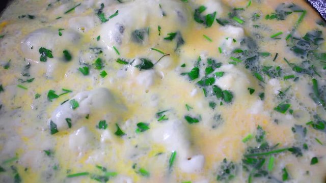 Cooking omelet with vegetables and cheese