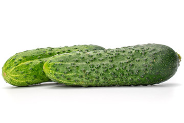Group of two whole mature fresh pickling cucumber isolated on white background