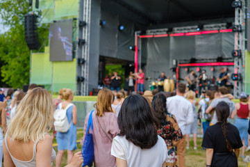 Couple is watching concert at open air music festival