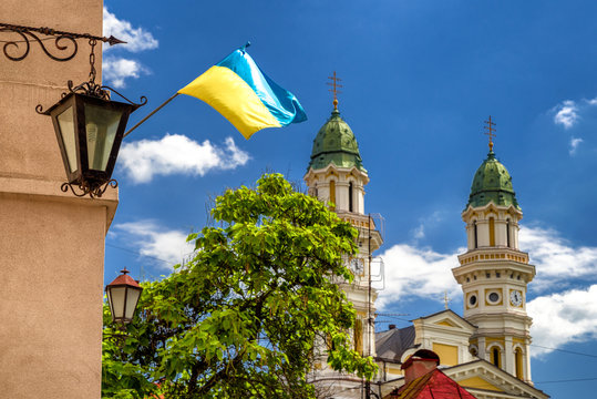 Ukrainian flag and church