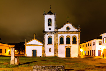 Santa Rita Church in Paraty at night, Rio de Janeiro, Brazil. Paraty is a preserved Portuguese colonial and Brazilian Imperial municipality