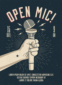 Open Microphone event party session poster flyer template. Vintage styled vector illustration.