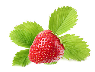 one strawberry with green leaves isolated on a white background