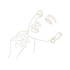 Continuous line, drawing of woman face with hand on face , fashion concept, woman beauty minimalist, vector illustration for t-shirt, slogan design print graphics style. One line fashion illustration