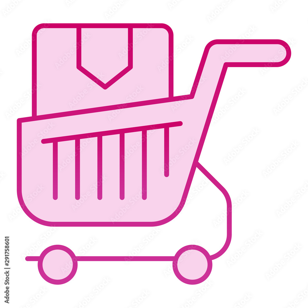 Poster shopping cart with box flat icon. purchase in market trolley pink icons in trendy flat style. shoppi