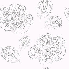 Cute vector seamless floral pattern outline. Hand drawing coloring flowers for kids and adults.