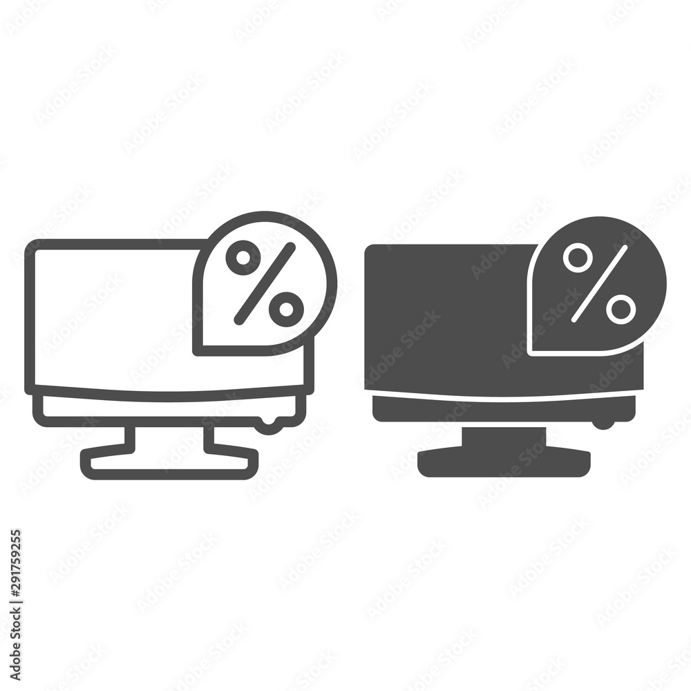 Poster discount on monitor line and glyph icon. percentage on computer screen vector illustration isolated 