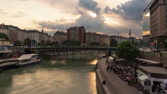 Cinegraphic timelapse view of the donaukanal in Vienna at sunset