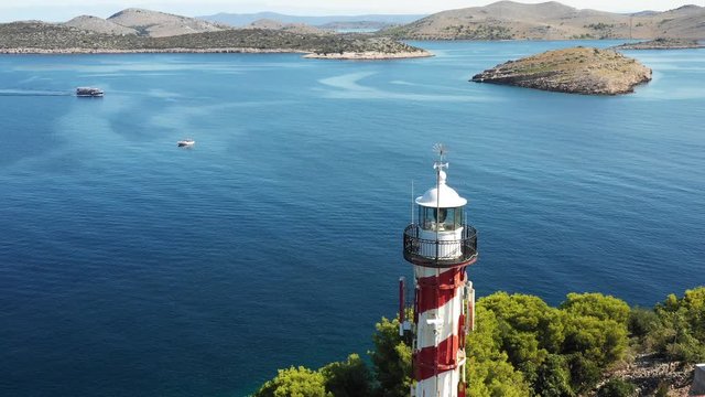 Aerial drone shot of a coastal lighthouse in Croatia, Europe