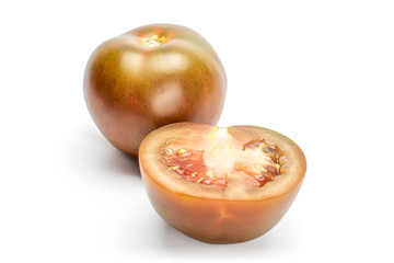 Group of one whole one half of fresh green red tomato isolated on white background