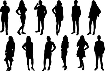 Silhouettes of young people. Girls and boys in full growth. Black silhouette on a white background, contour-2