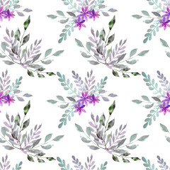 Fototapeta na wymiar Seamless pattern with herbs and lilac flowers on white background