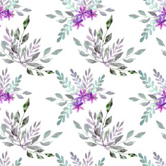 Seamless pattern with herbs and lilac flowers on white background