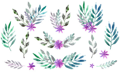Fototapeta na wymiar Set of five compositions with twigs and flowers, watercolor branches and purple flowers