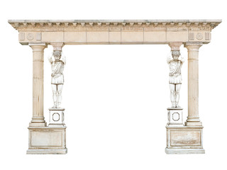 Antique stone arch with atlantes in the form of columns isolated