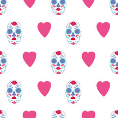 Vector glamourous Halloween seamless pattern  with purple, red, pink skull and hearts. Perfect for fabric, scrapbooking, wallpaper projects.