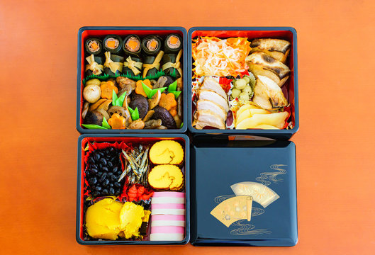 Japanese handmade new year dishes named Osechi-Ryori in the traditional box