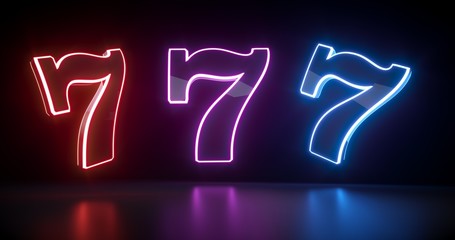 777 Slot Sign With Futuristic Neon Lights Isolated On The Black Background - 3D Illustration - obrazy, fototapety, plakaty