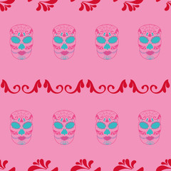 Vector glamourous Halloween seamless pattern with turquoise, red, pink skull. Perfect for fabric, scrapbooking, wallpaper projects.
